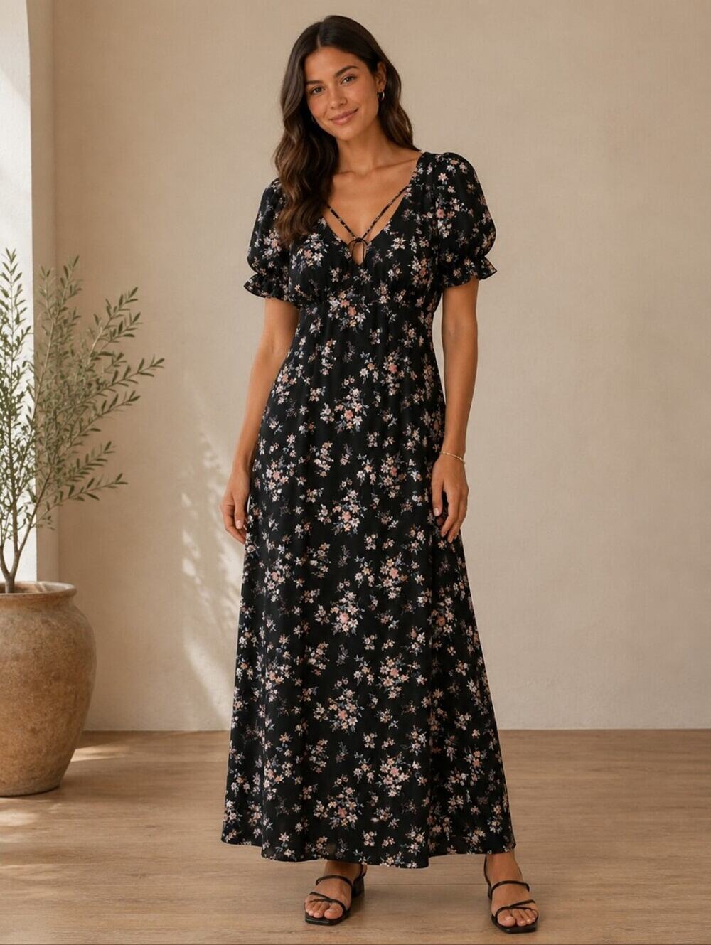 Inspired Hearts Black Floral Maxi with Puff Sleeves